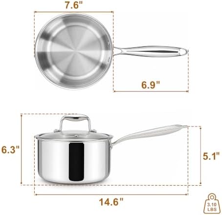 2-Quart Saucepan with Lid, Tri-Ply Stainless Steel Pot with Stay-Cool Handle & All Cooktop Compatibility (Gas, Ceramic, Electric) - Silver