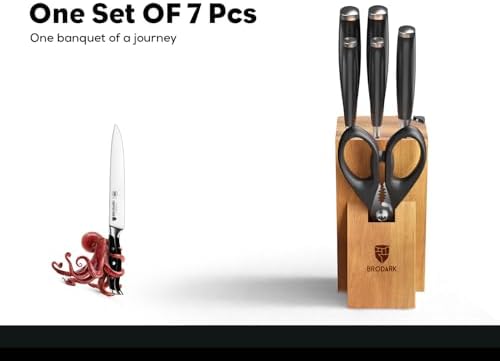 BRODARK 7Pcs Ultra Sharp Kitchen Knife Set, Acacia Wood Block with Scissors