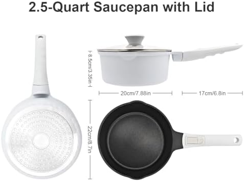 2.5 Qt Saucepan with Lid, Nonstick Sauce Pot with Pour Spout, White