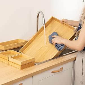 Wood Serving Tray with Handle, Set of 7 Nesting Rectangular Trays for Party