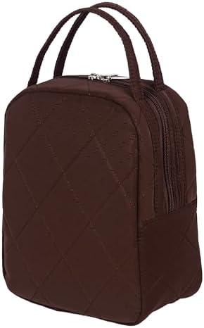 Machine Washable Women Quilted Fabric Insulated Reusable Cooler Lunch Bag Tote Adult Thermal Lunch Box Storage Bag for Ｗork (Brown)