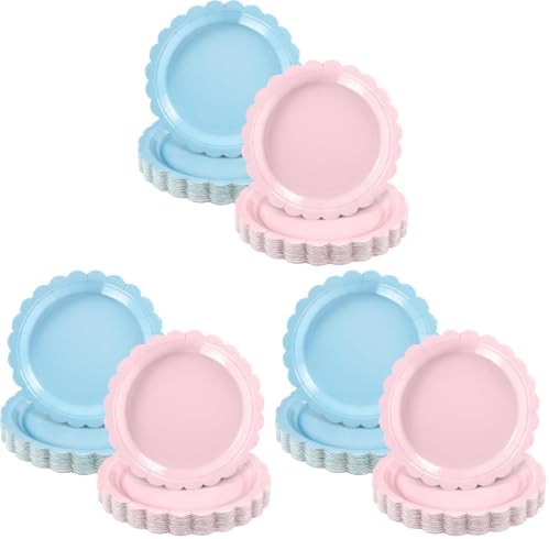 NatNarr 30 Pcs Gender Reveal Plates 9 Inch Disposable Scalloped Pink and Blue Plates Cute Dessert Cake Dinner Plate for Baby Shower, 1st Birthday (Pack of 3)