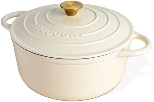 Nuovva Enamelled Cast Iron Dutch Oven Pot with Lid-6.4 Quart Non Stick Casserole Pot-Heavy Duty & Oven Safe up to 500° for Bread Baking, Braising, Stews, Roasting - 28cm Cream