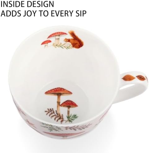 Autumn Squirrel Mug – 20oz Bone China Coffee Mug, Cozy Fall Mushroom Forest Design, Gift for Nature Lovers and Friends, Designed in England by Harvest Green Studio