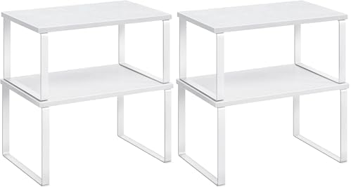 SONGMICS Cabinet Organizer Shelf, Set of 2 Kitchen Counter Shelves, Kitchen Storage, Spice Rack, Stackable, Expandable, Metal and Engineered Wood, Cloud White and Snow White UKCS02W01 (Pack of 2)