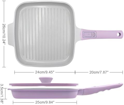 RANX INGST Nonstick Ceramic Griddle Pan with Lid, 10 Inch Steak Pan- Purple