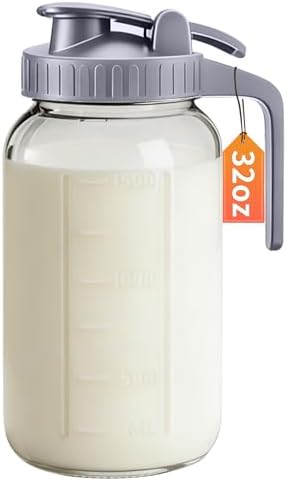 32oz Glass Pitcher with Lid & Spout – 1 Quart Mason Jars, Airtight & Leakproof Breastmilk Pitcher for Cold Brew Coffee, Sun Tea, Water, Juice – Wide Mouth, Fridge Safe