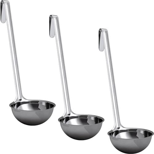 Super Sturdy, Ergonomic 6 Oz. Soup Ladle 3 Pk. Stainless Steel Ladles with Long Handles. Best Kitchen Accessories for Stirring, Portioning and Serving Soups, Chili and Stew in Restaurants and at Home