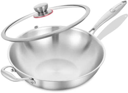 LOLYKITCH 13-Inch Stainless Steel Wok with Glass Lid | Detachable Handle