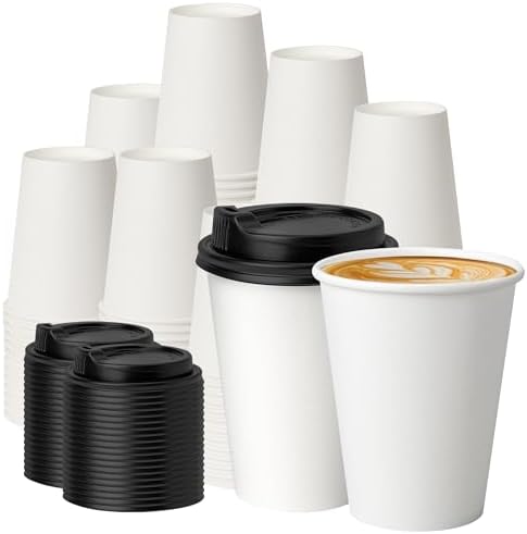 METAPRINT 100 Pack 12 oz Disposable Coffee Cups with Lids,White