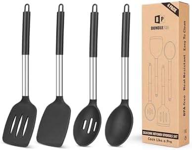 Pack of 4 Silicone Cooking Utensils Set, Non Stick Large Solid Spatulas, Heat Resistant Black Slotted Spoons, Ideal BPA Free Kitchen Turners for Frying, Mixing,Serving,Draining,Turning,Stirring