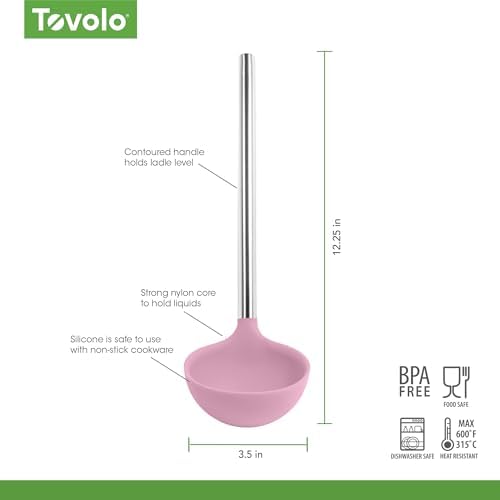 Tovolo Silicone Ladle with Stainless Steel Handle Pink Sorbet Soup Ladle Large, Dishwasher Safe Heat Resistant BPA Silicone Ladle Deep Spoon with Reinforced Nylon Core for Soup, Stew, Sauce & Punch