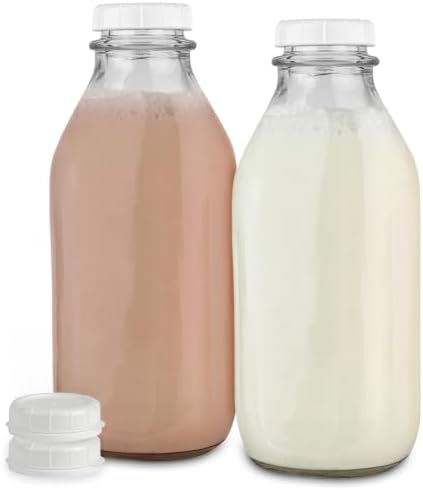 Stock Your Home Liter Glass Milk Bottles (2 Pack) - 32-Oz Milk Jars with Lids - Food Grade Glass Bottles - Dishwasher Safe - Bottles for Milk, Buttermilk, Honey, Maple Syrup, Jam, BBQ Sauce