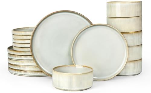 Famiware Star Plates and Bowls Sets, 18pc Modern Stoneware Dinnerware for 6