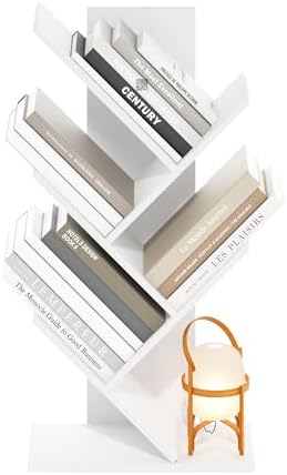 Furinno Tree Book Shelf, 5-Tier Bookshelf with Angled Open Shelf, Tree Bookcase for Room Decor, 8.4 x 15.7 x 30.3, for Organization and Storage, for Living Room, Bedroom, Home Office, White