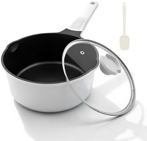 2 Qt Saucepan with Lid, Nonstick Sauce Pot with Pour Spout, White