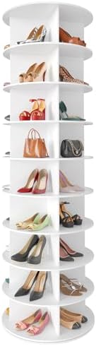 SpaceAid 9 Tier Rotating Shoe Rack Tower, Spinning Shoe Display Lazy Susan, Revolving 360 Shoe Rack Storage Round Carousel, Vertical Handbag Rotate Shoes Closet Organization (9-Tier White)