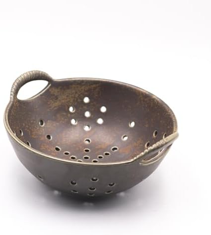 8" Ceramic Berry Colander with Handles, Reactive Glaze Fruit Washing Bowl, Rustic Stoneware Pasta Strainer for Kitchen (Charcoal Grey)
