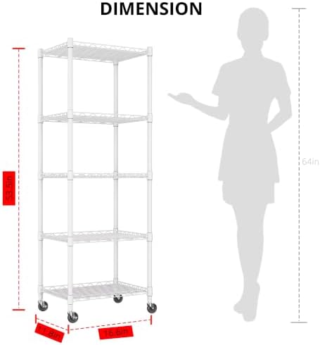 REGILLER 5-Wire Shelving Metal Storage Rack Adjustable Shelves,Standing Storage Shelf Units for Laundry Bathroom Kitchen Pantry Closet(White,11.8" D x 16.6" W x 53.5" H,With Wheels)