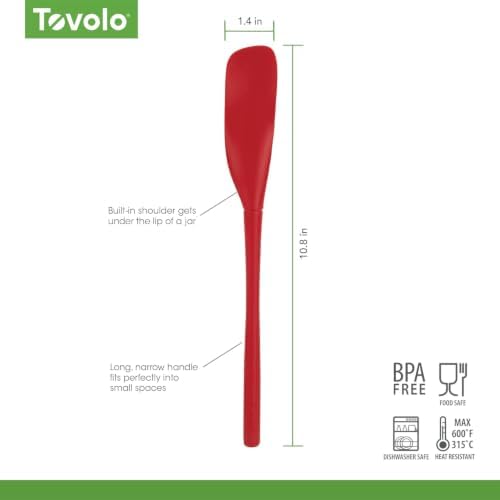Tovolo Silicone Jar Spatula Long Handled Rubber Scraping Scooping Tool for Peanut Butter Jam Jelly Jars Blenders, Extra Long Flex Core Silicone Jar Scraper Dishwasher Safe BPA Free, Cayenne Red