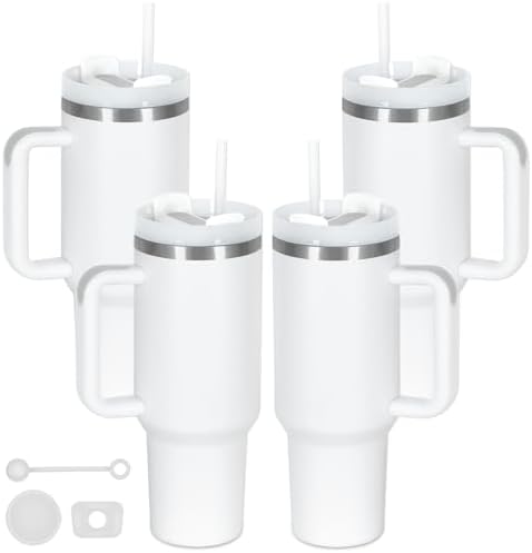 4 Pack 40 Oz Tumbler with Handle Bulk, Double Wall Vacuum Insulated Stainless Steel Tumbler with Lid and Straw, 40 oz cup with Silicone Spill Proof Stopper Set (White)