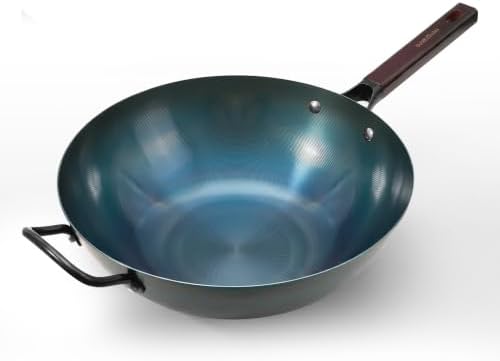 13.5" Blue Carbon Steel Wok, Pre-Seasoned Flat Bottom Wok Pan