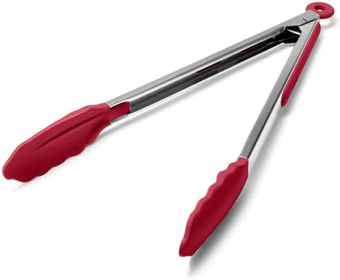 Doosu Kitchen Tongs with Silicone Tips for Cooking Serving (12in, Red)
