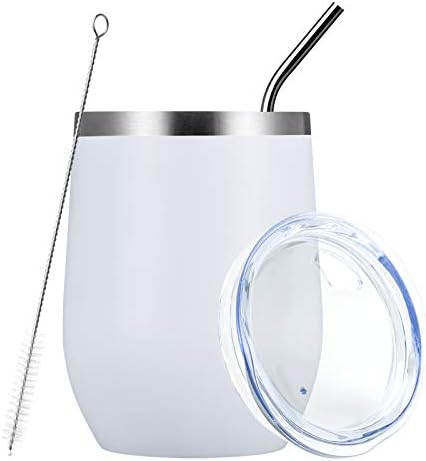 MEWAY Stemless 12 OZ Wine Tumbler Glasses with Lid -Insulated Double Wall Vacuum Stainless Steel Travel Tumbler with Straw,for Woman Under 10 dollars (White,1)