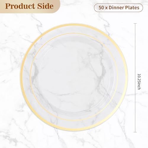 BESTVIP 50Pcs Clear Gold Plastic Plates, 10.25 Inch Disposable Plates