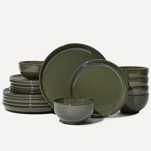 Pokini Stoneware Dinnerware Sets for 6, 18pcs Plates and Bowls Sets Dishes