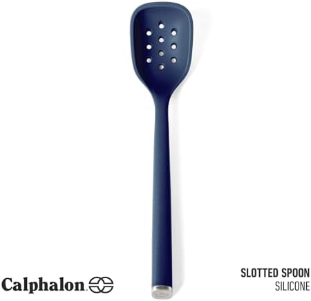 Calphalon Edge Silicone Slotted Spoon/Skimmer, Flexible Heat-Resistant Kitchen Strainer Spoon for Cooking, Frying, Skimming & Serving, Nonstick Safe, Navy Blue