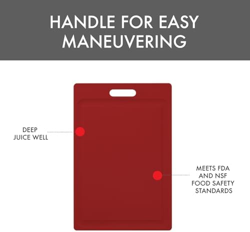 Dexas NSF Certified Polysafe Cutting Board with Handle and Juice Well, 12 x 18 inches, Reversible Kitchen Cutting Board, Red