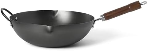 Martha Stewart Chisholm 13.5-Inch Carbon Steel Nonstick Wok, PFAS-Free Wok Pan & Flat Bottom Stir Fry Pan with Long Walnut Wood Handle & Helper Handle, Black