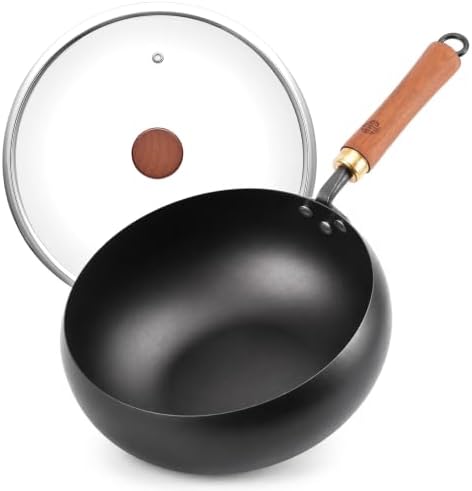WANGYUANJI 9.5-Inch Carbon Steel Wok with Lid, Flat Bottom Stir Fry Pan