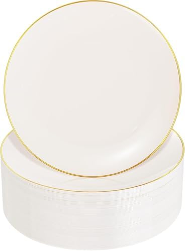 Nervure 100PCS Ivory and Gold Plastic Plates 10.25″ Disposable Dinner Plate