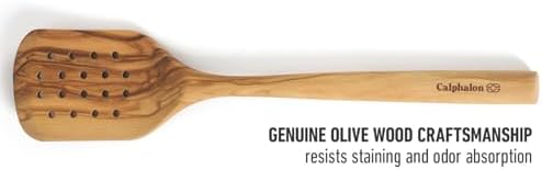 Calphalon Edge Wood Slotted Turner, 13-Inch Olive Wood Slotted Spatula, Wooden Cooking Turner for Draining, Flipping & Nonstick Cookware, Durable Kitchen Tool