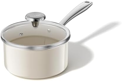 Redchef Ceramic Sauce Pan with Lid, 1.8QT Small Saucepan, Nonstick Cooking Pot with Stay-Cool Handle, Kitchen Non Toxic Soup Pot, PTFE & PFOA Free, Oven Dishwasher Safe, Compatible All Stovetops-Beige