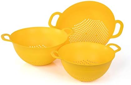 Mintra Home Plastic Strainer Colanders Set: 3, 3.5 and 5 Quart (Yellow) Double Strong Handles and Deep Bowl, Safe BPA-Free - Use for Pasta, Noodles, Spaghetti, Vegetables (Assorted Sizes 3pk)