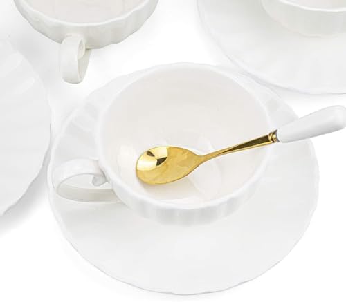 Yesland Set of 6 Royal Tea Cups and Saucers, 6 oz White Porcelain Tea Set & British Coffee Cups, White Latte Cups and Espresso Mug for Specialty Coffee Drinks, Latte, Cafe Mocha, Tea