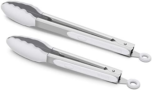 2 Pack Silicone Kitchen Tongs, 9 & 12 Inch, Stainless Steel, Light Grey