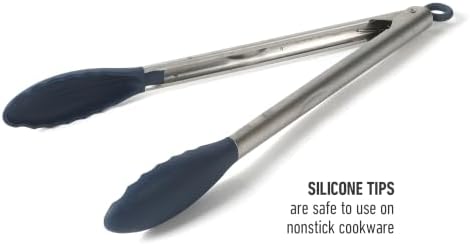 Calphalon Kitchen Tongs, Stainless Steel Locking Tongs with Heat-Resistant Silicone Heads, Nonstick-Safe Cooking Tongs for Grilling, Serving & Food Prep, Navy Blue