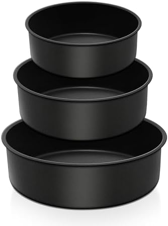 E-far Deep Cake Pan Set of 3 (6/8/9½ Inch), Nonstick Stainless Steel Round Cake Pans Tins for Baking Layer Wedding Cakes, Stainless Steel Core & Nontoxic Coating, Deep & Straight Side