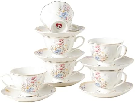 6oz Porcelain Tea Cup & Saucer Set of 6, Embossed Gold Floral
