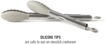 Calphalon Edge Tongs Set, 2-Piece Stainless Steel Kitchen Tongs Set with Silicone Heads, Includes 9-Inch & 12-Inch Heat-Resistant Locking Tongs for Cooking, Grilling & Serving, Taupe