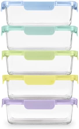 Ello Color Lock 5 Cup Glass Meal Prep Containers & Lids, 5 Pack,Purple Rain