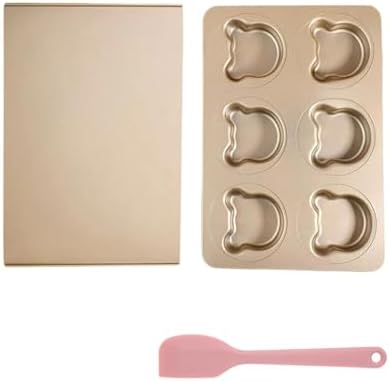 Muffin Top Pan with Lid 3.7inch Jumbo Size, 6 Cup Straight Side Professional English Muffin Cupcake Pan for Baking, Non-Stick Hamburger Bread Forms - Stainless Steel, Gold, Bear Shape