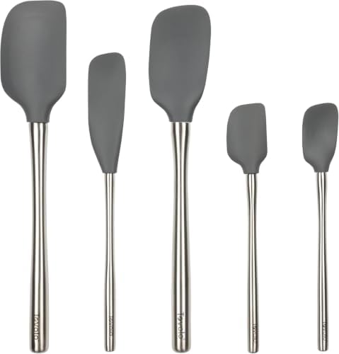 Tovolo Stainless Steel Handled Silicone Spatula Set of 5 Charcoal Gray, Dishwasher Safe Kitchen Spatula Set for Cooking Baking, Non Toxic BPA Free Silicone Spatula set with Metal Steel Handle