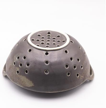 8" Ceramic Berry Colander with Handles, Reactive Glaze Fruit Washing Bowl, Rustic Stoneware Pasta Strainer for Kitchen (Charcoal Grey)