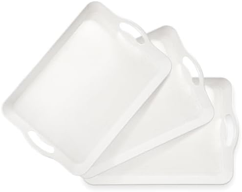 Cedilis 3 Pack Serving Trays with Handles, 16 x 11IN Food Serving Tray, Rectangular Plastic Stackable Tray for Restaurant, Parties, Coffee Table, Kitchen (White)