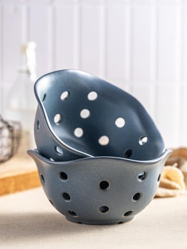 Gomakren Fruit Basket Set of 2, Berry Bowls with Holes Ceramic, Slate Blue
